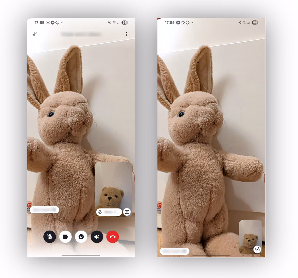 A screenshot showing two phone emulators placing a call, with a vertical layout.